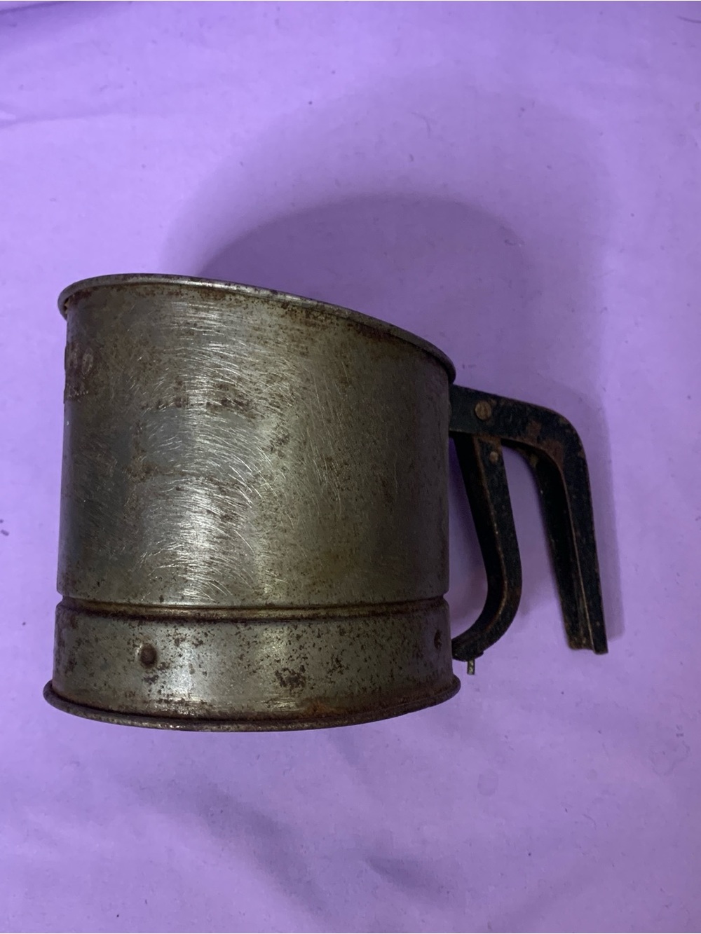 Vintage Metal Flour Sifter in Aged Silver - antique farmhouse rustic cabin